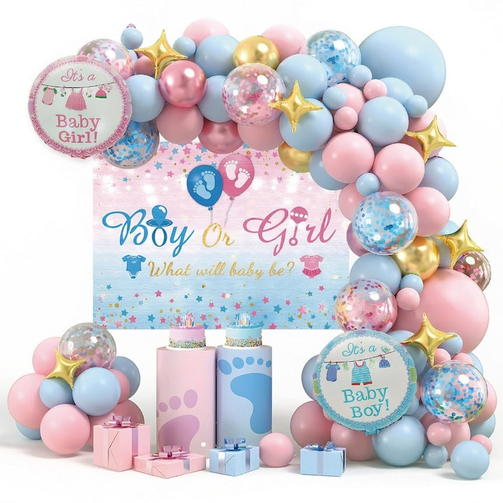 Gender Reveal Balloon Set 100 Pieces Pink Blue Gold - Themed Backdrop Baby Girl & Baby Boy Balloons Stars + Arch