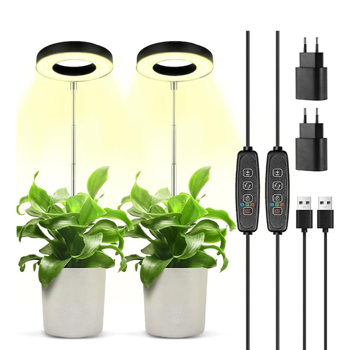 Set de 2 lampi de lucru LED cu spectru complet  Rqiurpn  48 LED-uri  Inaltime ajustabila  Temporizator 3/9/12H  9 niveluri de luminozitate  5V  10W  Cu adaptor USB  Pentru plante de interior