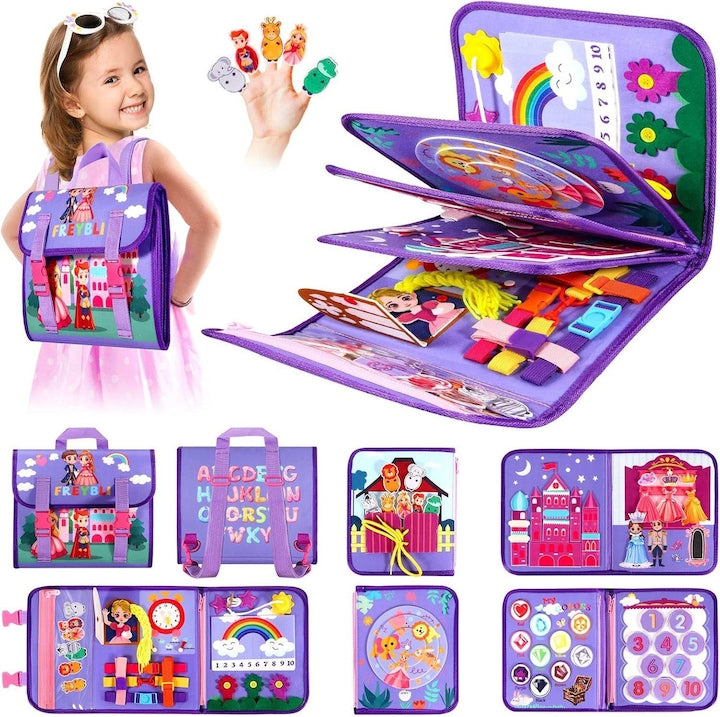 Tabla de invatare din pasla ZOUN  tabla Montessori pentru imbracare si dezvoltare timpurie  educatie  dezvoltarea abilitatilor motorii si a atentiei  de la 1 an in sus  model rucsac  cu carti  harti si buzunare multifunctionale  violet