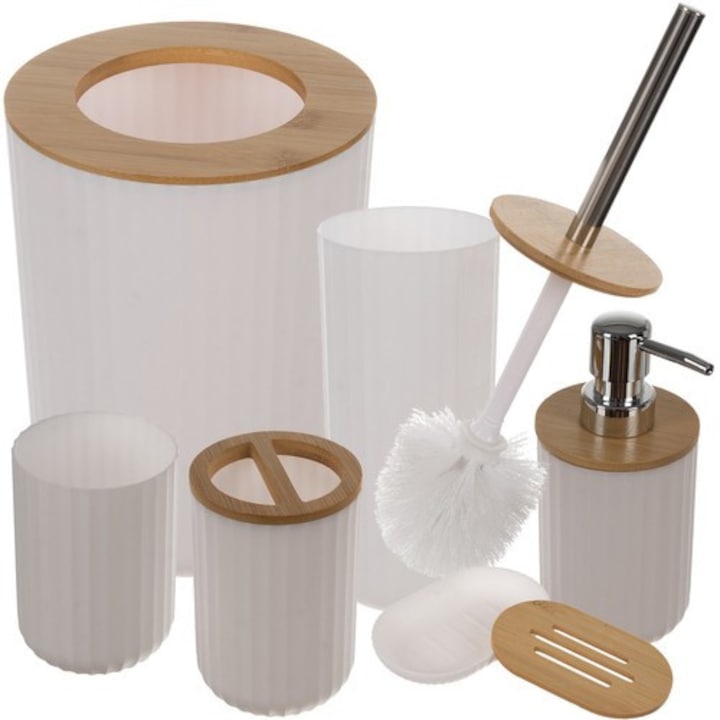 Set accesorii baie  Aurea  6 piese  alb  design bambus modern  suprafata canelata  cos gunoi  dozator sapun  perie WC  igiena maxima  aspect elegant  usor de curatat