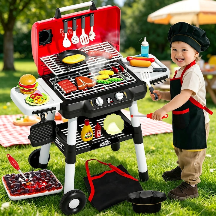 Set de joaca bucatarie pentru Copii  Wacorresi  Bucatarie multifunctionala completa pentru copii  BBQ Grill  Set de joaca pentru gatit in camping pentru gratar  Unisex  Multiple Accesorii  Legume de jucarie  Ustensile  Simulare Gatit  Rosu Negru