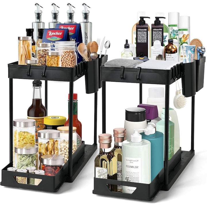 Set 2 Rafturi  2 Compartimente  Glisant  Multifunctional  Etajat  ABS/Metal  Pentru Bucatarie  Birou  Baie  39.5 x 21.5 x 36 cm  Negru