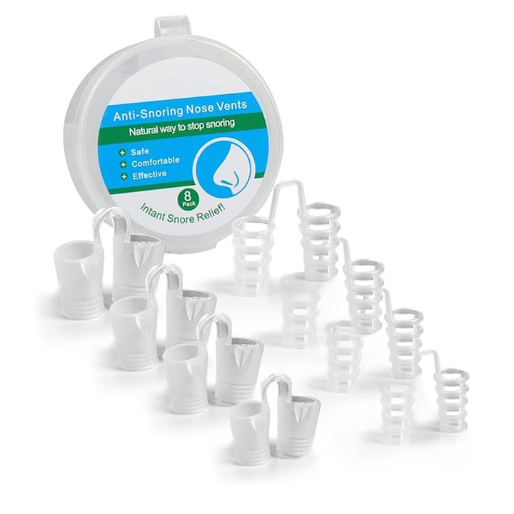 Set 8 Dispozitive nazale anti-sforait  JENUOS  Silicon  Alb  4 dimensiuni