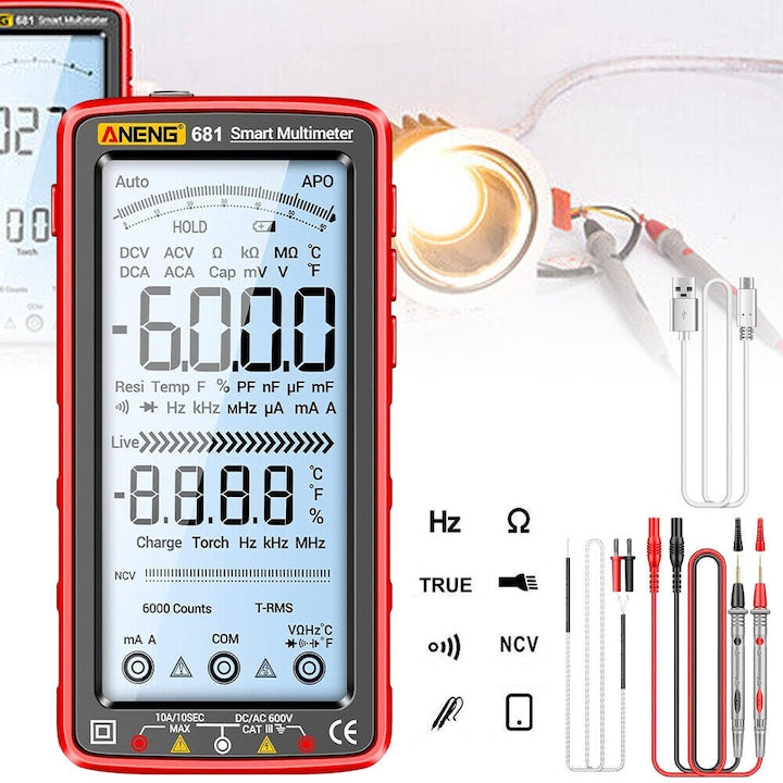 Digital Multimeter CHOOLY 681, 6000 Counts, Non-Contact Measurement, Black and Red, 15x7.5cm