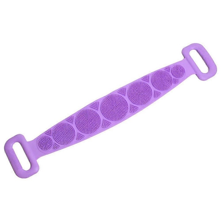 Perie de corp tip banda 2in1 pentru baie  din silicon pentru curatare  exfoliere si masaj corporal  mov 70 cm