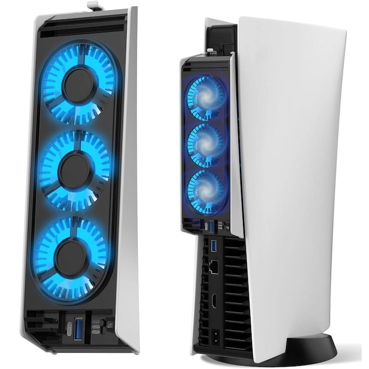 Ventilator de racire PS5  Sistem de racire eficient  3500 PRM~5000 PRM  3 ventilatoare  cu port USB  lumina LED  Design de blocare elastica  Usor de instalat  6.8x4.8x21cm  OUYLAF  Negru/Alb
