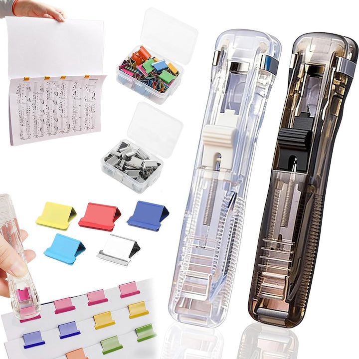 Set 2 Capsator Portabil Tip Clema  Swejah  Plastic  Reutilizabil  Dispenser pentru Cleme Tip Push cu Apasare  cu 100 de Cleme Metalice  Reutilizabil  pentru Uz Acasa  Scoala si Birou