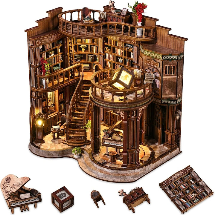 3D Wooden Book Nook Puzzle for Adults DIY Miniature Dollhouse Library Kit Shelf Decor with LED Light Creative Gift Set Dream Bookstore WALALLA