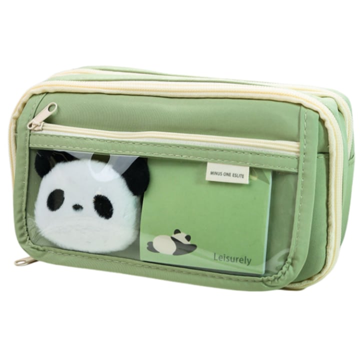 Penar pentru copii  design cu panda  ideal pentru scoala  pentru baieti si fete  cadou pentru elevi  organizator de rechizite  21x13x7.5cm  Verde
