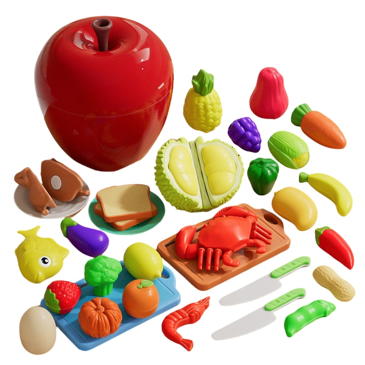 Kids Fruit and Vegetable Cutting Toy, 32 Pieces, with Apple-Shaped Storage Basket, BPA Free, for Children 3-6 Years, Brightly Colored Velcro Pieces, Interactive Education, Stimulates Imagination