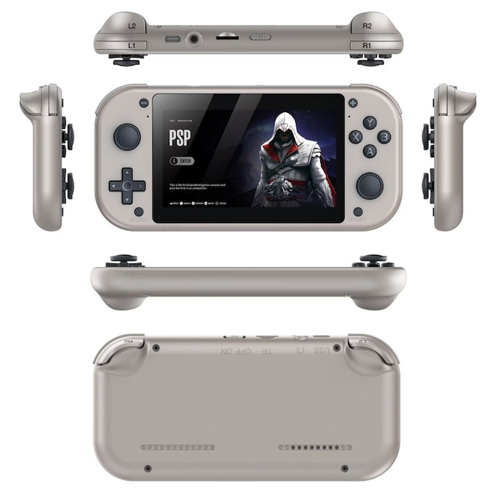 Consola de gaming portabila cu ecran LCD 4.3" 480x272  64GB  baterie 2000mAh  procesor quad-core Cortex-A7 1.2GHz  sistem Linux/Emelec 4.3  preinstalata cu 25 000 de jocuri clasice si 150 de jocuri PSP  suport carduri TF  port microfon  Gri