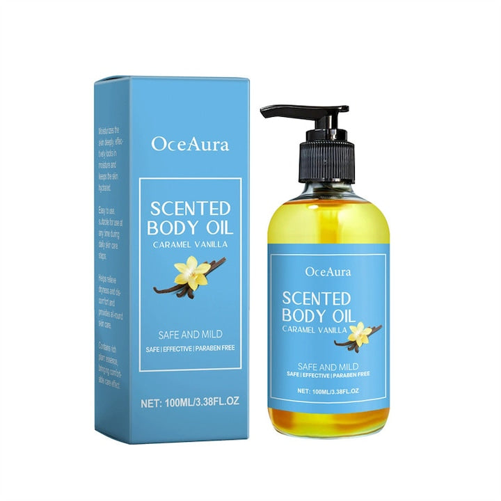Ulei de masaj corporal cu vanilie  cu caramel  unt de shea  vitamina E  hidratant  regenerant  imbunatateste elasticitatea pielii  relaxeaza si amelioreaza stresul  parfum de lunga durata  100ml