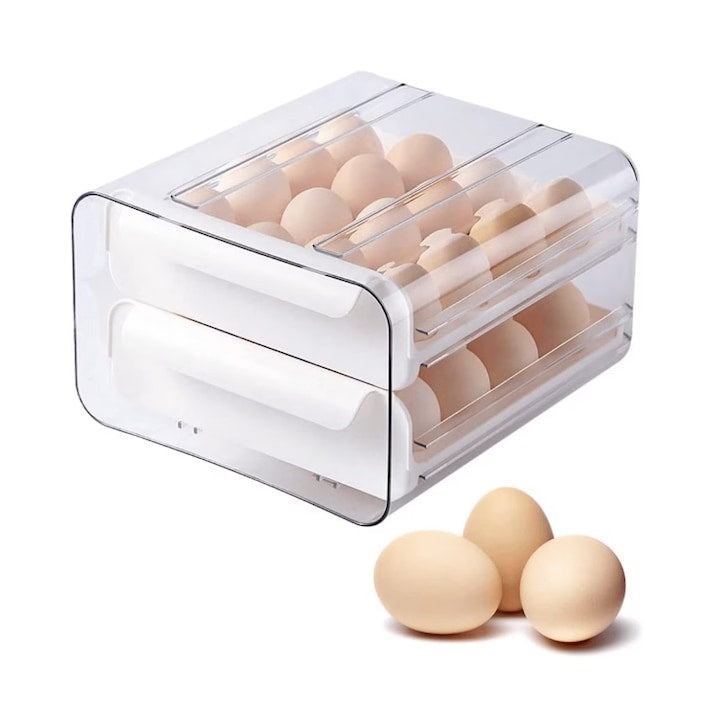 Suport organizator 32 oua pentru frigider cu 2 niveluri  cutie depozitare oua transparent 24x 21x 14 cm，Alb transparent