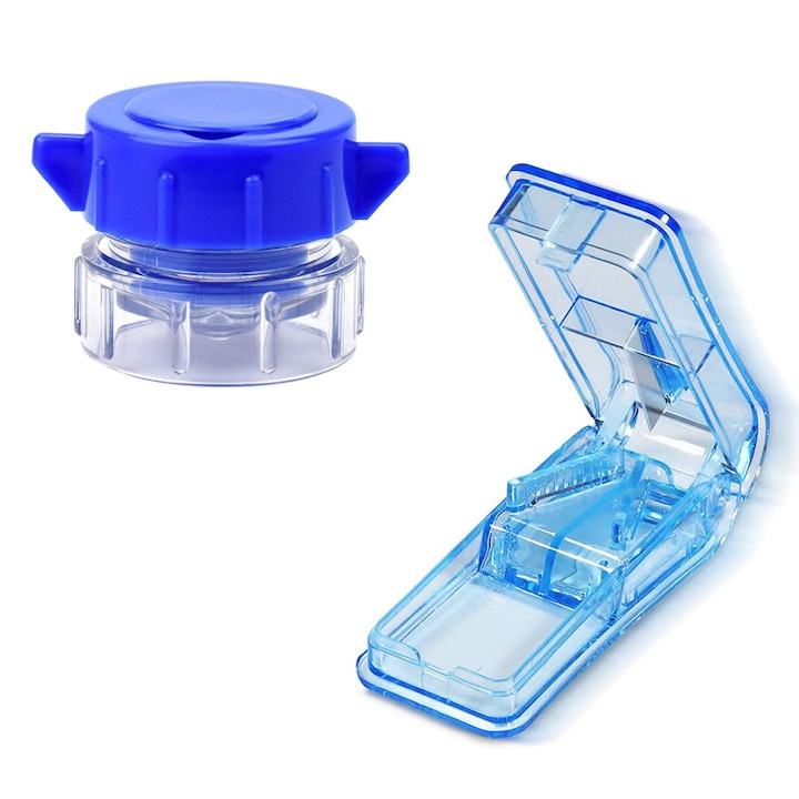 Set 2 zdrobitor pentru medicamente si Organizator medicamente  pentru depozitarea comprimatelor  macinare si bautura  ideala calatori  Albastru