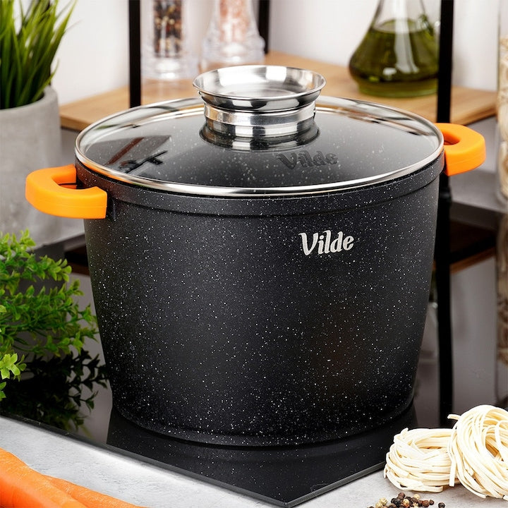 Terruna Aroma Tall Pot with Granite Coating and Glass Lid Vilde 24 cm 6.7 l Aluminum Non-Stick Coating Heat-Resistant Silicone Handles Lid with Drip Spout for Liquids Induction and Oven Compatible Universal Use