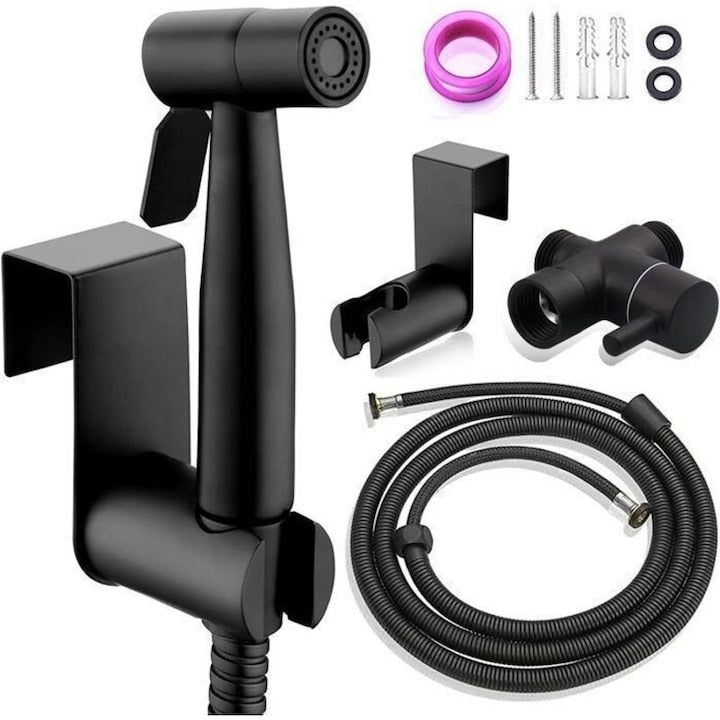 Set pulverizator bidet cu furtun 150cm si adaptor G1/2  inox  negru