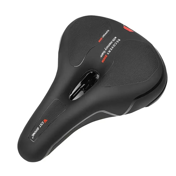 City and MTB bicycle saddle, memory foam, aerodynamic design, ergonomic, breathable, waterproof, shock and wear resistant, 25.5 x 18.5 cm, polyurethane and steel, West Biking, black with red