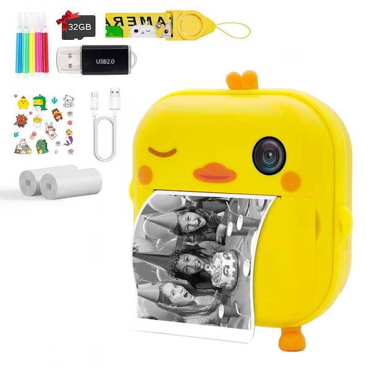 Camera foto/ video pentru copii  40 MP  2.4 inch IPS  1080p HD  Card TF 32 GB  Galben