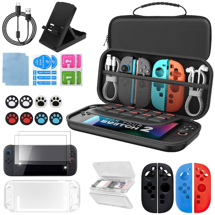 25-in-1 Accessories Kit for Nintendo Switch 2 WALALLA Includes Carrying Case Transparent Hard Case Screen Protector Joy-Con Protective Covers Thumb Grips Full Protection for Console and Accessories Ideal for Gaming and Travel