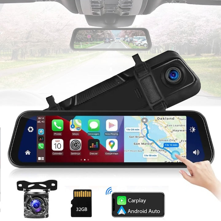 4K Front + 1080P Rear Car DVR, CarPlay and Android Auto, 9.66-inch Touch Screen, FM Transmitter, Bluetooth, Night-Vision, Parking Monitoring, Reversing Camera, Loop Recording with Overwrite, OUYLAF, Black