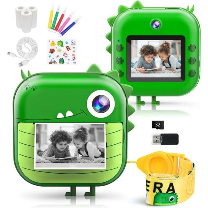 Aparat foto copii cu functie de printare  Rezolutie 24Mpx 1080P  Dual Camera Fata-Spate  Functie SELFIE  Display LCD Color 2.4"  Carioci si Stickere Colorate  model Dinozaur  Verde Moss