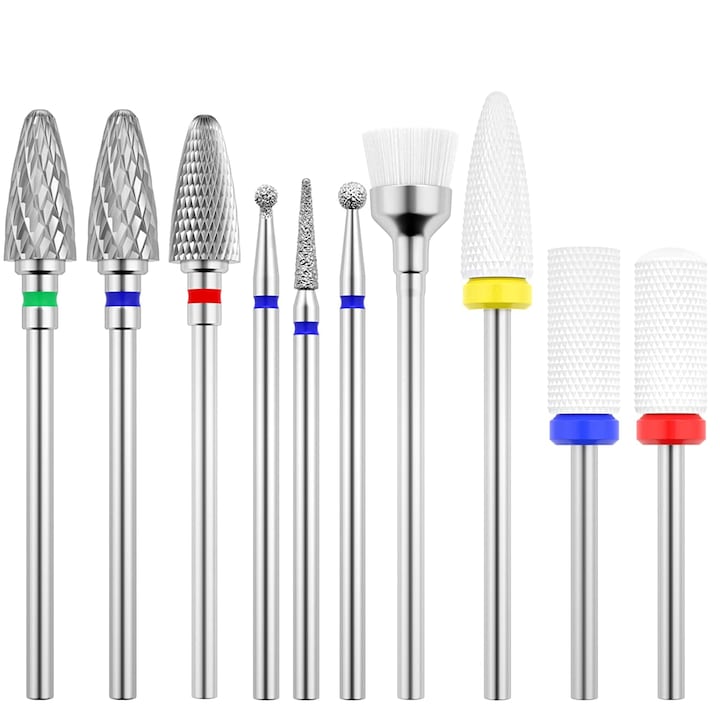 10-piece nail drill bit set, 9 bits and brush, 3/32 inch, for gel and acrylic, Amtok, Multicolor