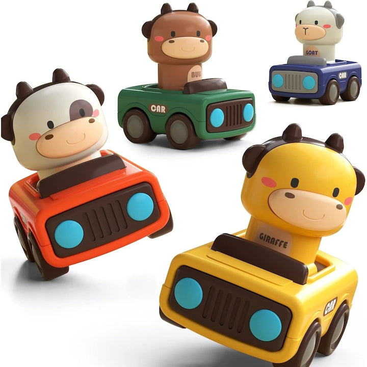 Set of 4 Friction Toy Cars, Safe Cars without Sharp Edges, Animal-Themed Toy Cars, For Children 1-3 Years Old
