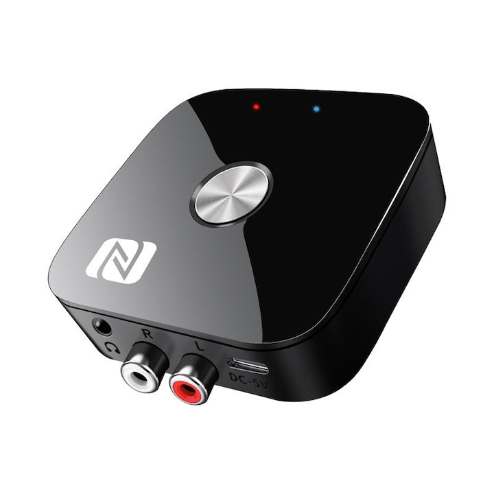 Adaptor audio Bluetooth 2 in 1  Bluetooth 5.3  NFC  AUX  USB  2xRCA si jack 3.5 mm  cu telecomanda  Plug and Play  pentru masina si acasa  OUYLAF  Negru