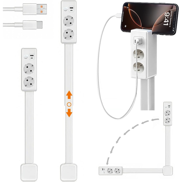 Prelungitor priza rotativ la 180°  WALALLA  pliabil  se roteste in orice unghi  2 prize CA si port USB-A/USB-C (5V 2.4A)  lungime 41-71cm  potrivit pentru utilizare in spatele mobilei si in spatii inchise  alb
