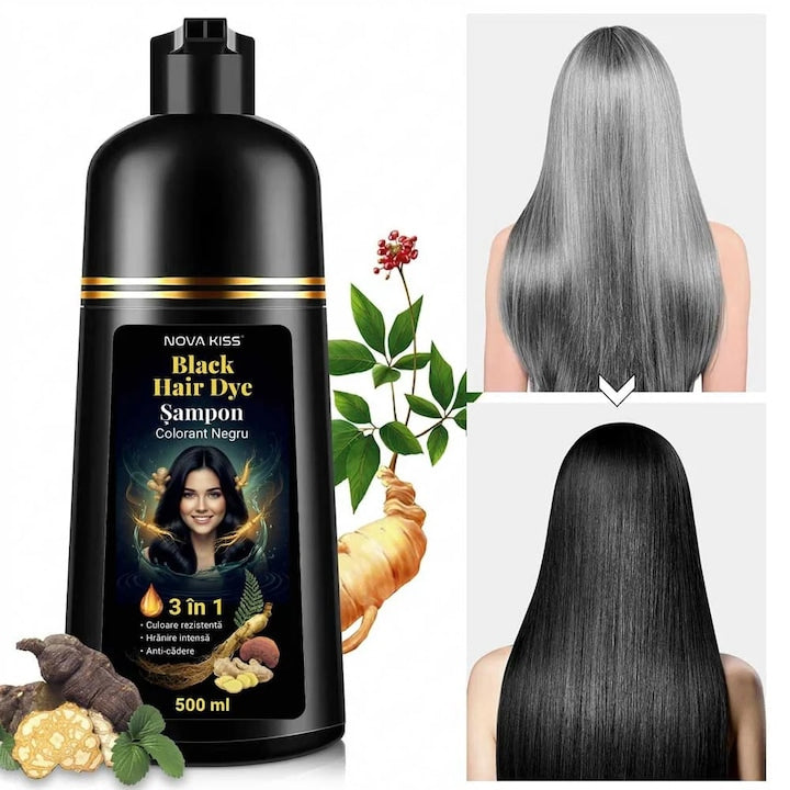 Sampon Colorant Negru  Acoperire Fire Albe  Regenerare 3 in 1 cu Ghimbir  500 ml