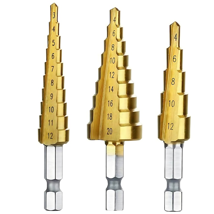 Set 3 Burghie conice titan JOZY®  3-20 mm  sistem de prindere HEX  design in trepte  stabilitate  functionalitate  otel dur Premium  rezistent  durata lunga de viata