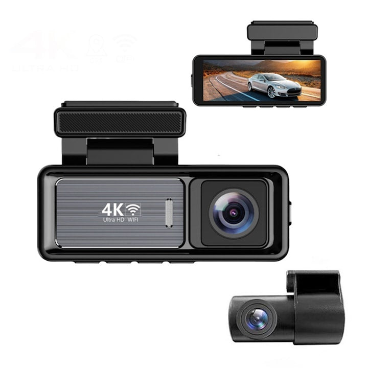 Omelivon Dual 4K Front 1080P Interior/Rear Dash Cam DVR, WiFi, GPS, G-Sensor, 170° Ultra-Wide Field of View, Motion Detection, 3.45” Screen, 24h Parking Monitoring, Night Vision, SD Memory up to 128GB, Black
