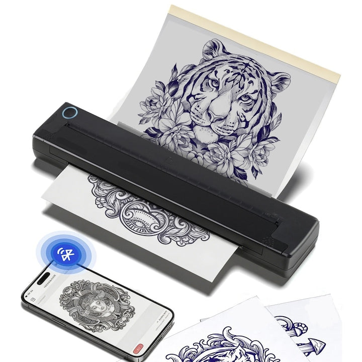 IDAMAKON A4 Thermal Tattoo Printer Includes 50 Transfer Tattoo Papers Wireless Bluetooth Tattoo Transfer Printer 2000mAh For iOS/Android Editing App Beginner Friendly Black