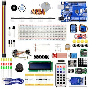 Set start pentru invatarea programarii Arduino UNO R3  830 puncte  10 cabluri  2x16 LCD  8x8 LED  4x7 segmente  30 rezistori  multicolor
