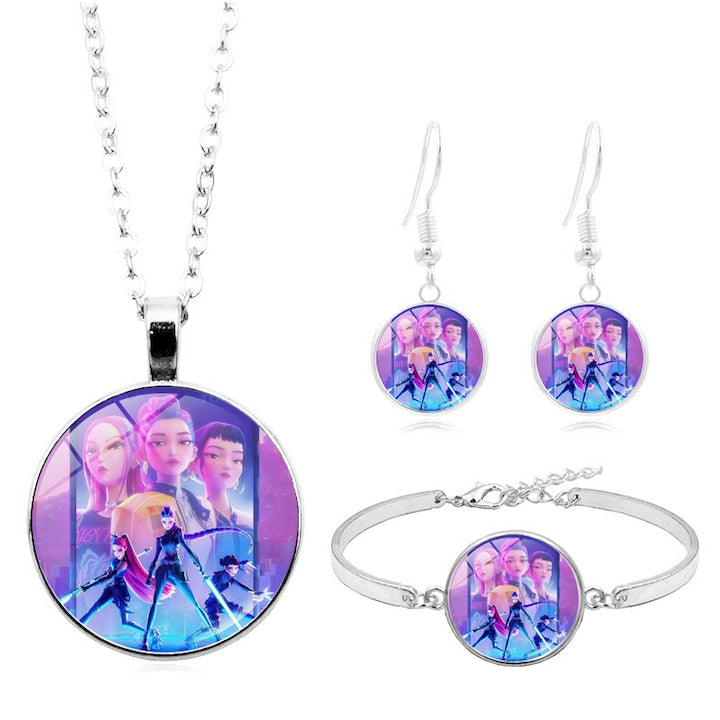 Fantasy - Set bijuterii K-pop  colier  bratara si cercei  3 piese  Pinata Huntrix Star  pentru fetite  Aliaj  Jucarie si Bijuterie pentru Fetite  Cadou de Ziua de Nastere si Craciun  Diverse Modele  Serie Mov-Portocaliu