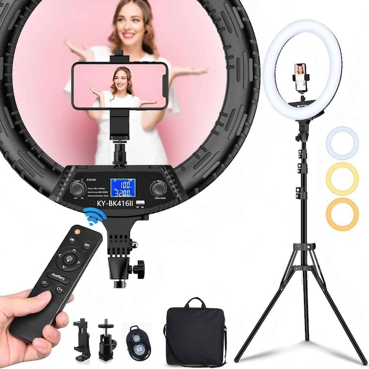 Lampa Circulara Make up Profesionala  SANSES  cu Display  Ring Light 46 CM si 416 LED- uri cu Lumina Rece/Calda Tip Inel  cu Trepied 190cm  Adaptor  2 Telecomenzi  Geanta Depozitare  Pentru Poze Perfecte