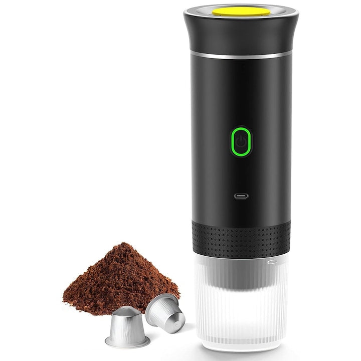 Espressor portabil WALALLA  design wireless 3 in 1 (compatibil cu capsule mici  capsule mari si cafea macinata)  potrivit pentru camping  drumetii si utilizare la birou; capacitate 60 ml  negru