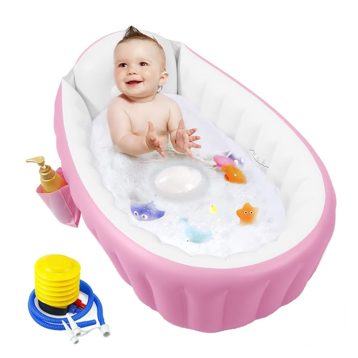 Cadita Bebe  SINBINTA  Cadita Gonflabila Pentru Bebelusi Si Copii  Cu gauri pentru scurgerea apei si buzunar  Pompa cu picior  Antiderapante  Pliabila  Design ergonomic  Usor de curatat si folosit  PVC  98X65X28cm  Roz