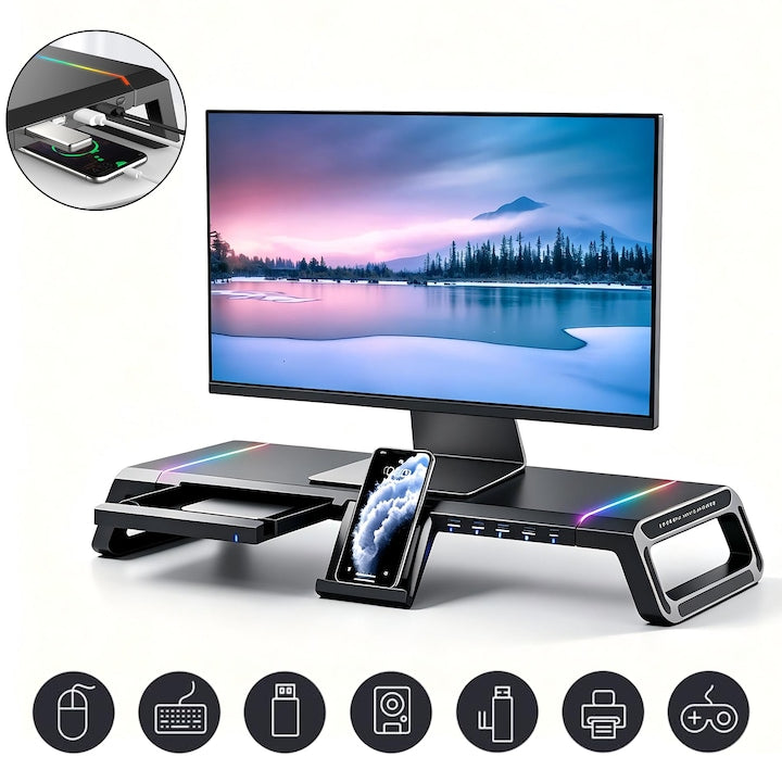 JFYU Monitor Stand Laptop Stand with 4 USB 2.0 Ports RGB Lighting 9 Adjustable Effects Phone Holder Storage Compartment Universal Adjustable Foldable Robust Construction Suitable for Gaming Home and Office Black