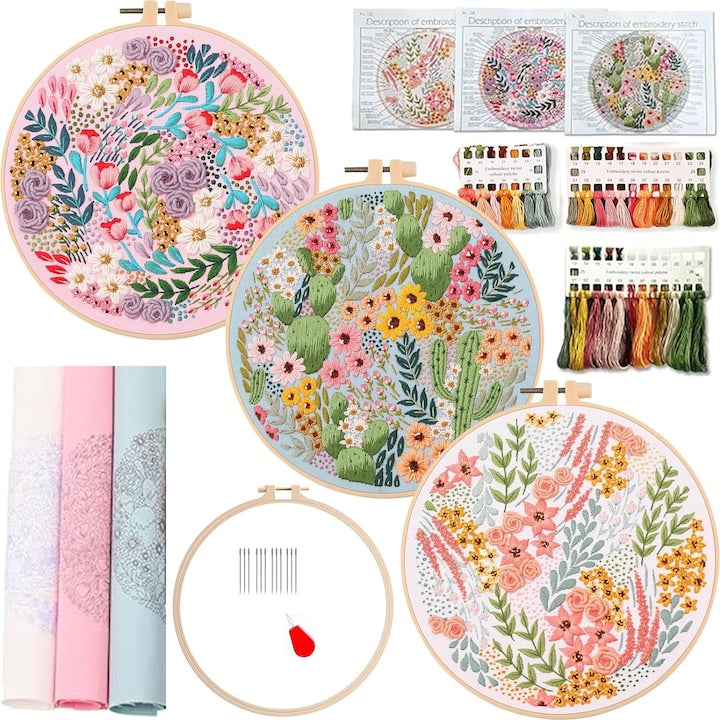 Kit broderie  cu fire  ace  instructiuni si unelte  pentru craft lover Hand Stitch de mana cu tehnici de broderie abilitati de broderie  3 seturi  modele florale  Multicolor