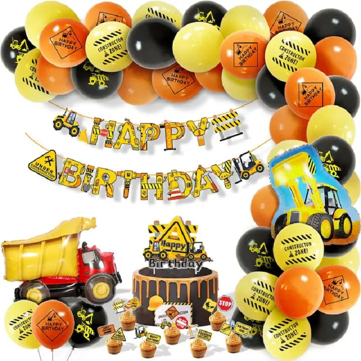 Set Decoratiuni Aniversare Tematica Santier Constructii  AjieQaQ Pro  71 Piese Baloane+Accesorii  Culori Vibrante Galben/Portocaliu  Pentru Baieti si Fete 3-10 Ani  Materiale Sigure Non-Toxic  Cadou Creativ cu Banner 'La Multi Ani'  Ideale Petreceri
