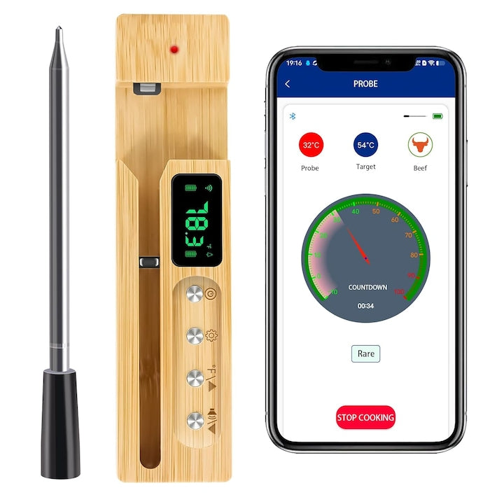 Termometru wireless pentru carne  Wacorresi  Termometru Inteligent Carne700FT  din otel inoxidabil  cu senzor de temperatura  Cu Aplicatie Telefon  setare alarma inteligenta  negru