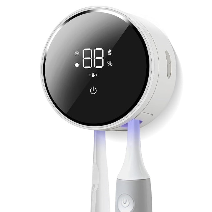 UV Sterilizer for Toothbrushes and Razors Duueyct 99.99% Sterilization Efficiency Smart Holder with 24/7 UV Sterilization and 60°C Drying Function Automatic Open/Close Sensor Touchscreen Display Drill-Free Installation USB-C White