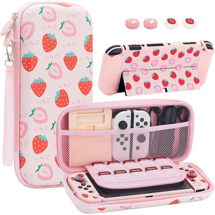 Carrying and Protective Case compatible with Nintendo Switch OLED accessory set with case, stand, and joystick caps, strawberry model, pink