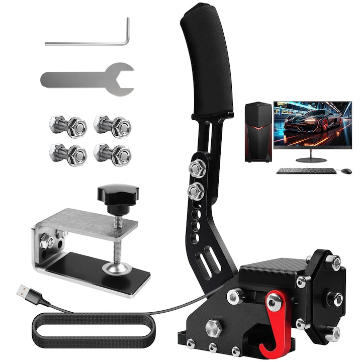 PC Handbrake SANSES with Fittings, USB, Adjustable Design, 14-bit Hall Sensor, Durable Aluminum Construction, Black/Red
