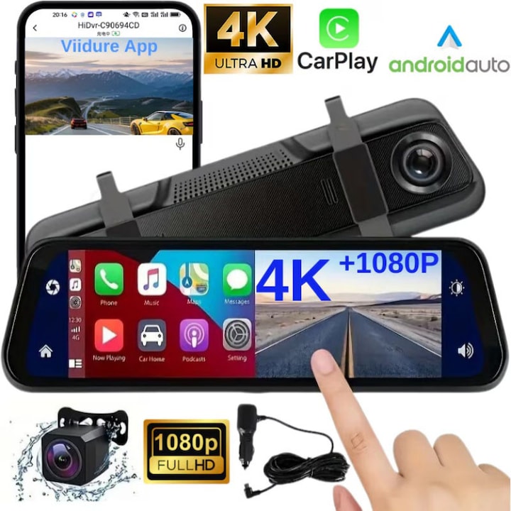 Camera de bord auto tip oglinda WiFi 4K Fata 4K + spate 1080P  Touch screen de 9 66 inch  Carplay si Android auto  Transmitator FM  Senzor-G  Night-Vision  Aplicatie Viidure  170°，senzor parcare  inregistrare in bucla  Negru