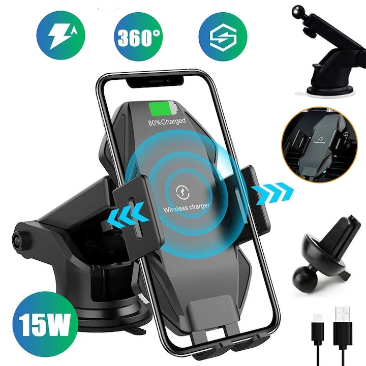 Wireless Car Phone Holder Charger Fast Charging 15W with Automatic Sensor and Automatic Clamping for Dashboard Windshield Air Vent and Long Arm Suction Cup Compatible with iPhone Samsung Huawei