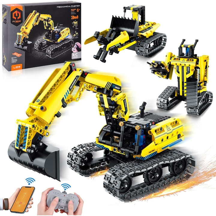 Set de blocuri de constructie cu telecomanda 3 in 1  WALALLA  3 modele diferite  buldozer/robot/excavator  control prin telecomanda/aplicatie mobila  potrivit pentru copii cu varsta cuprinsa intre 6 si 12 ani  430 buc  galben