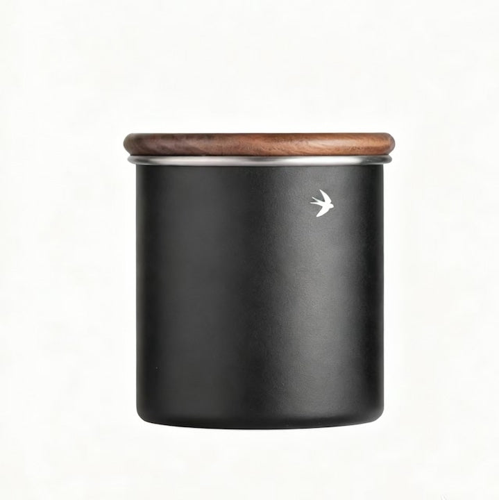 Coffee canister, food storage container, 304 stainless steel, solid wood lid, portable, airtight, black, 600ml 79mm*130mm