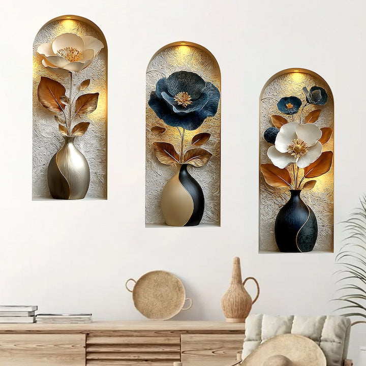 Set of 3 Decorative 3D Metallic Flower Stickers with Vase, 19x44 cm, PVC Decals